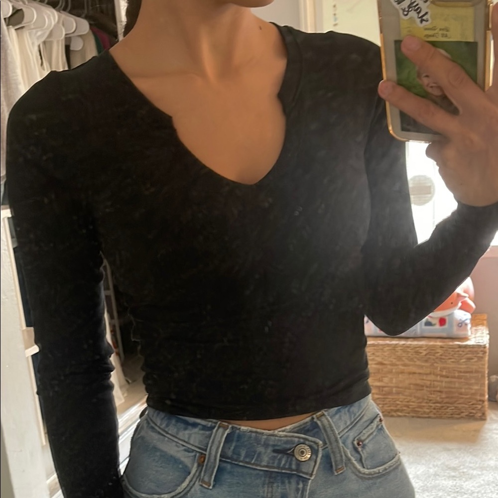 Black Ribbed Long Sleeve Notch Top